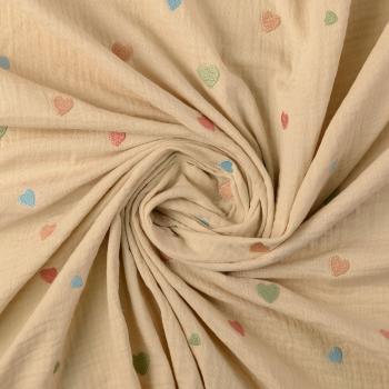 Musselin Stoff Stickerei Herzen Beige