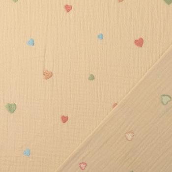 Musselin Stoff Stickerei Herzen Beige