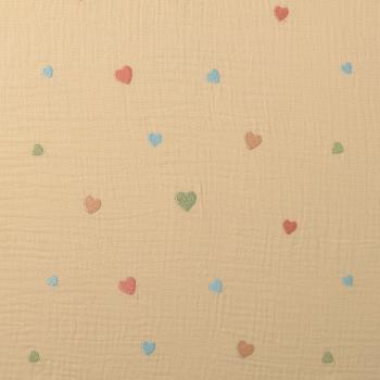 Musselin Stoff Stickerei Herzen Beige