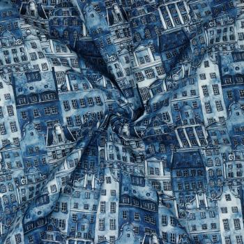 Canvas Baumwolle blau mit Häusern bedruckt