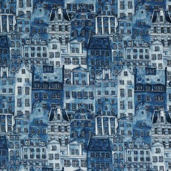 Canvas Baumwolle blau mit Häusern bedruckt