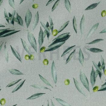 Canvas Baumwolle grau mit Oliven und Blättern in mint bedruckt