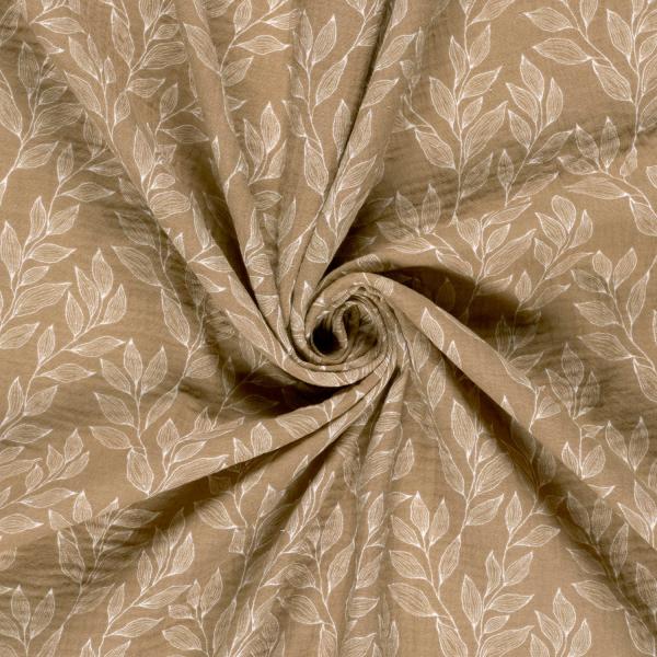 Musselin Stoff bedruckt Blatter Beige