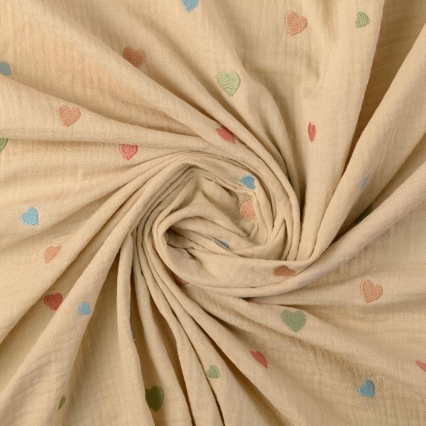 Musselin Stoff Stickerei Herzen Beige