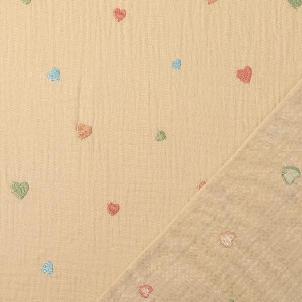Musselin Stoff Stickerei Herzen Beige