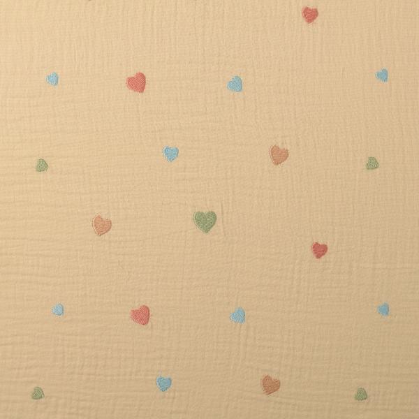 Musselin Stoff Stickerei Herzen Beige