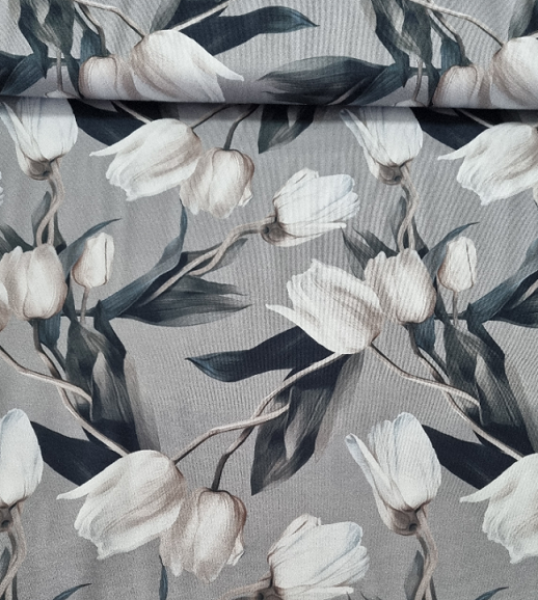 Jersey Baumwolle große Tulpen auf grau-blau von Stenzo