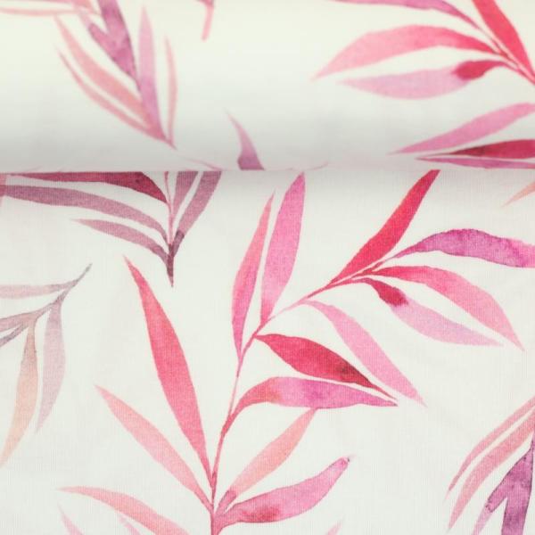 Jersey Baumwolle Theo weiß mit Blattmuster in Rosa