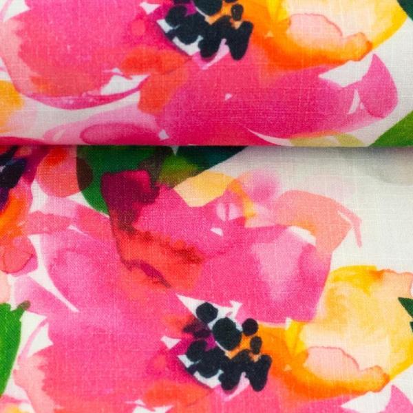 Baumwollstoff Slub-Musseln Haren Blumen Fb. Weiß mit Pink von Swafing