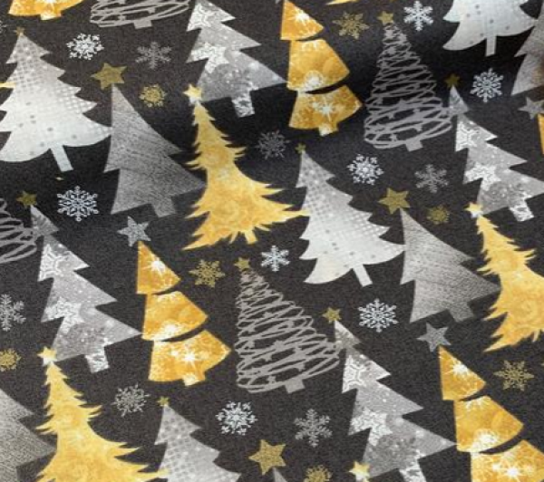 Patchworkbaumwolle Metallic Forest by Fabric Editions Tannenbäume gold silber schwarz