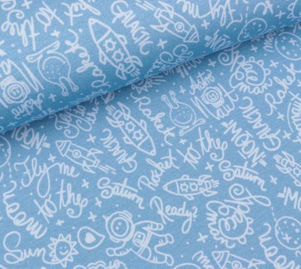 French Terry Baumwolle Raumfahrt Schrift blau Mauna Kea by Lila-Lotta